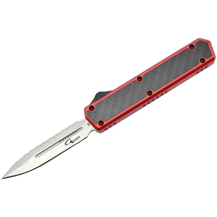 Golgoth G11BS3 navaja automática OTF roja con hoja de daga D2 con filo dentado