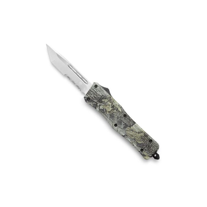 CobraTec Medium CTK-1 Woodland Camo Automatikmesser OTF mit Tantoklinge und Teilwellenschliff