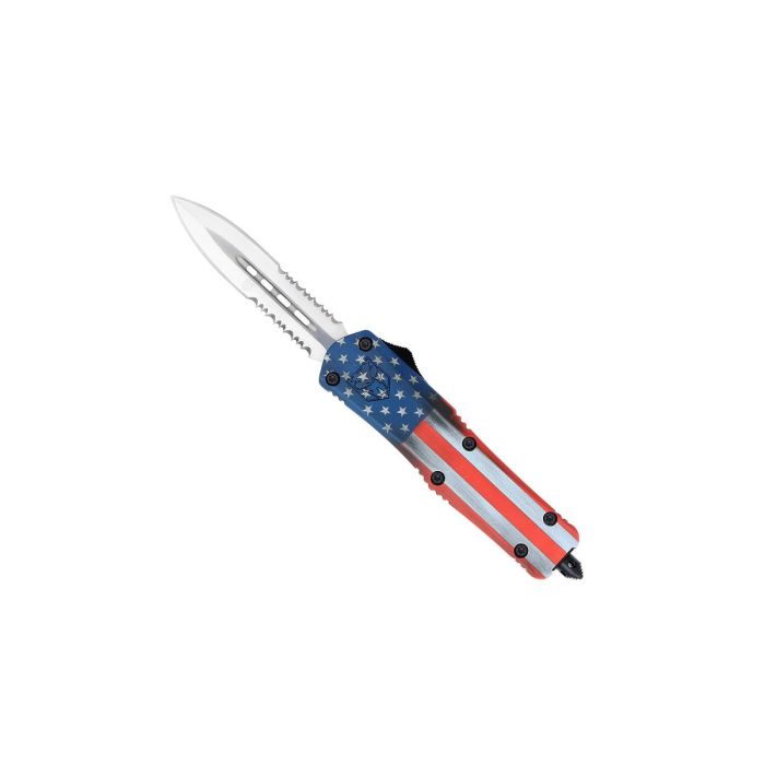 CobraTec Medium FS-3 American Flag OTF Automatikmesser mit Dolchklinge und beidseitigem Teilwellenschliff