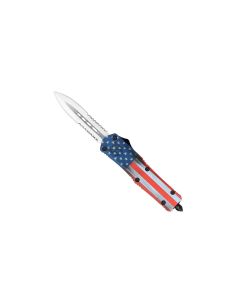 CobraTec Medium FS-3 American Flag OTF Automatikmesser mit Dolchklinge und beidseitigem Teilwellenschliff